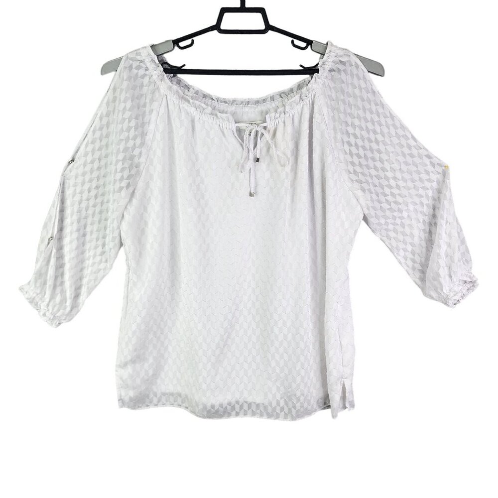 Women's White Cato Cold Shoulder Blouse Top Textured Pattern 3/4 Sleeve Size XL